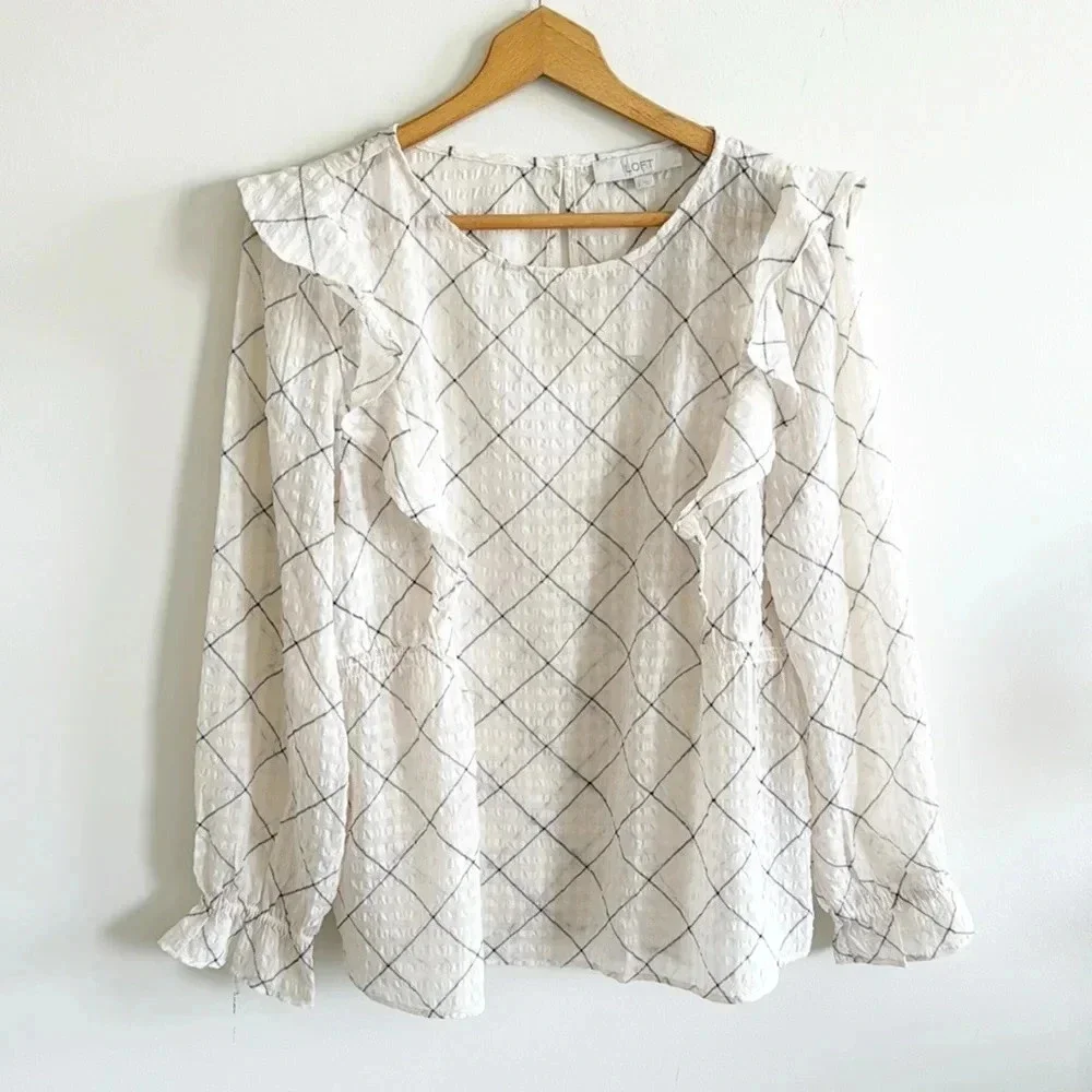 Loft cream/ivory Plaid Ruffle Blouse size large NWT - Picture 4 of 10